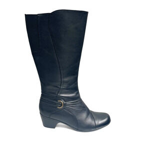 Clarks Boots Womens 9.5M Tall Riding Black Leather Side Zip Knee High Block Heel